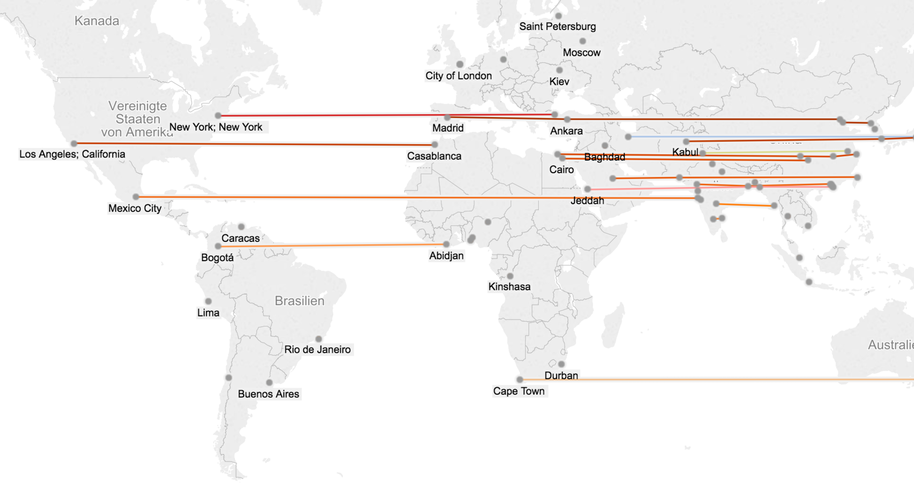 A global map. Major cities at similar latitudes have a line connecting them to show their seasonal kinship.